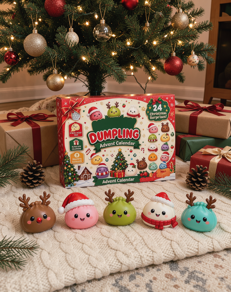 Dumpling advent calendar box under a Christmas tree with five dumpling squishies
